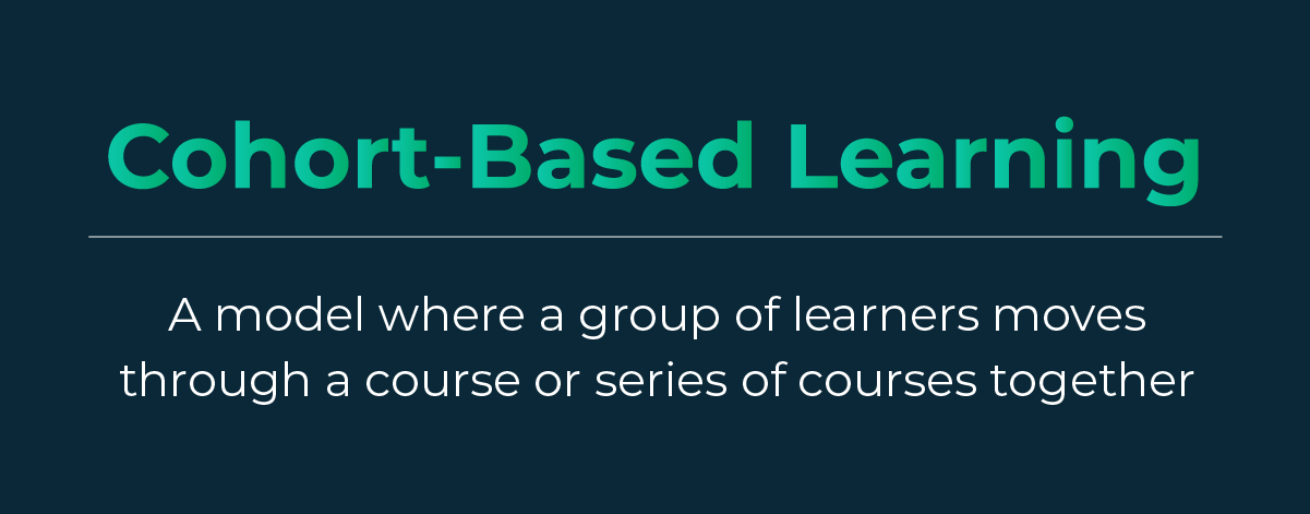 Graphic defining cohort-based learning as "a model where a group of learners moves through a course or series of courses together."