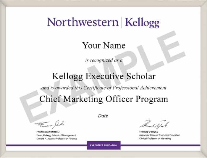 A Kellogg Chief Marketing Officer Program sample certificate